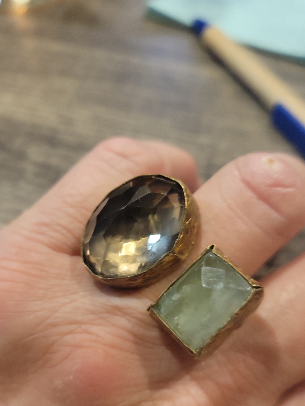 Toi Et Moi Bypass Ring/ Handmade/ Prehnite & Smoky Quartz,sz.8